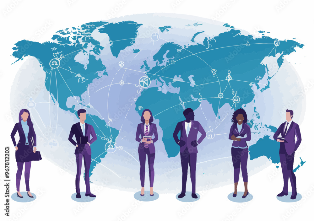 Poster global business team network with world map illustration - minimalistic vector design of professiona