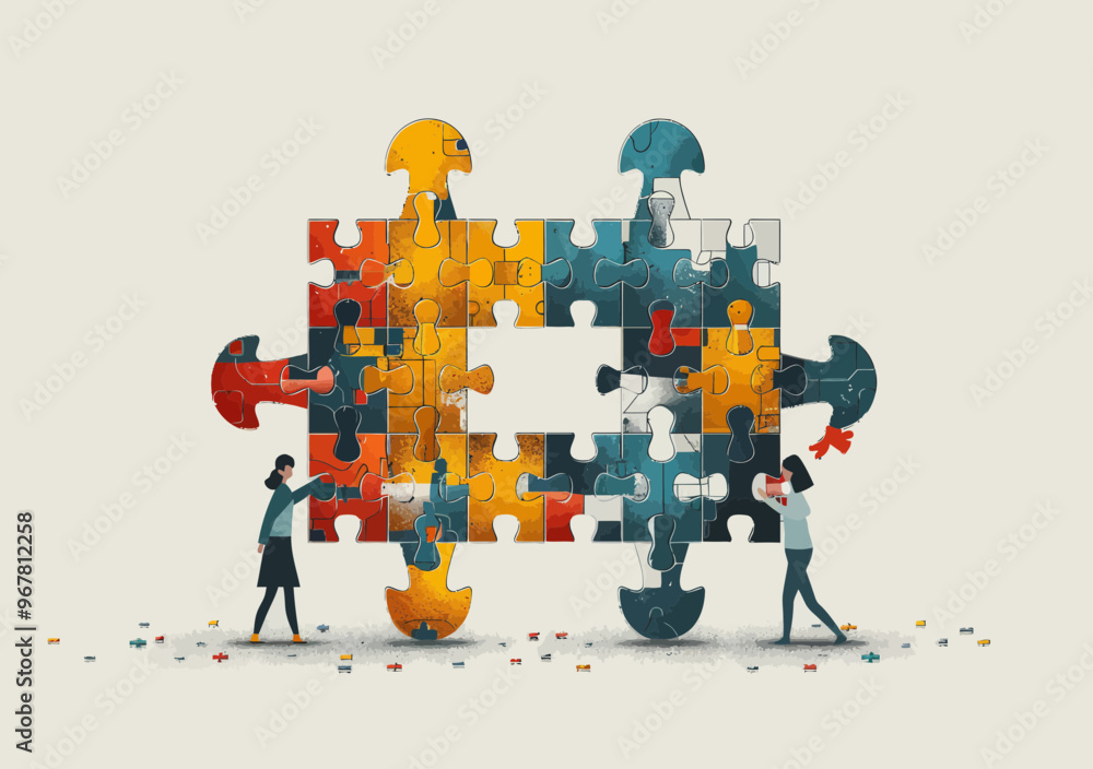 Poster collaborative solution concept: workers solving puzzle together in minimalistic illustration symboli
