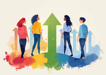 Female team collaboration, growth and success with rising arrow, abstract colorful vector illustration, empowering business journey, teamwork, leadership, motivational concept