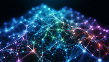 Fototapeta premium Abstract geometric design featuring a network of illuminated translucent lines forming interconnected shapes. The vibrant hues of blue purple and green create a dynamic glow against a dark background