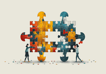 Fototapeta premium Collaborative Solution Concept: Workers Solving Puzzle Together in Minimalistic Illustration Symbolizing Teamwork and Problem-Solving in Business