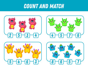 Education game for children count and match of cute cartoon monsters, printable worksheet