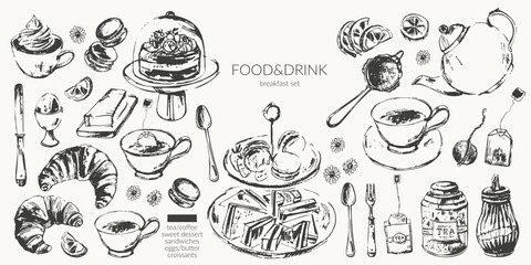 Hand drawn vector food ink sketch illustration. Tea, coffee, breakfast croissant, egg, butter, sweet dessert, cake stand, teapot, cup, sieve, sugar bowl, sandwiches