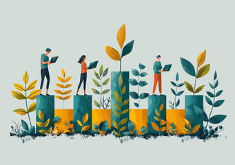 Team Collaboration and Growth Concept, Business People with Laptops on Bar Graph as Plants Growing, Minimalist Vector Illustration