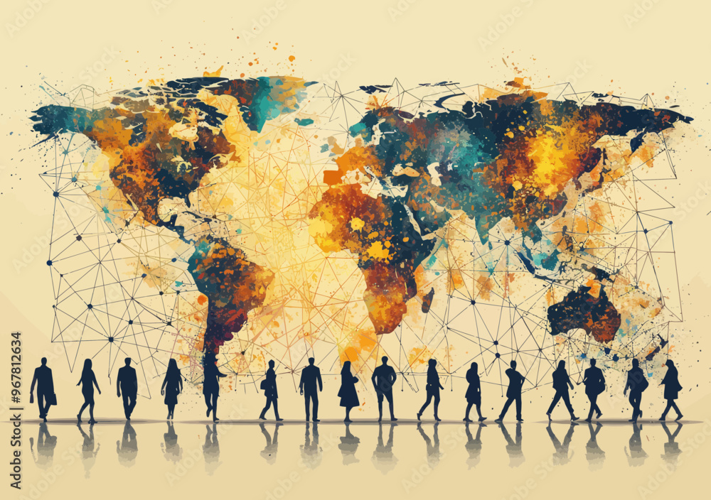 Poster global business network: silhouetted business team with abstract world map and network connections -
