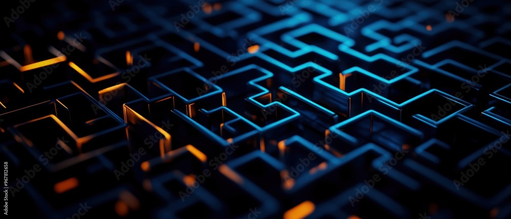 Poster a mesmerizing abstract maze pattern illuminated by blue and orange lights, creating a captivating vi