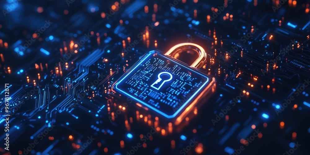 Poster computer chip with a lock on it, symbolizing encryption and data security.
