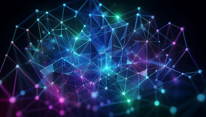 Abstract geometric design featuring a network of illuminated translucent lines forming interconnected shapes. The vibrant hues of blue purple and green create a dynamic glow against a dark background