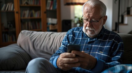 An older man in a cozy living room environment, using a cell phone or tablet. Possibly enjoying leisure time or engaging with modern technology for communication and entertainment purposes.
