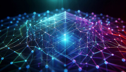 Abstract geometric design featuring a network of illuminated translucent lines forming interconnected shapes. The vibrant hues of blue purple and green create a dynamic glow against a dark background