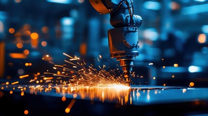 A robotic arm performing metal cutting in a workshop, producing bright sparks and showcasing advanced technology.