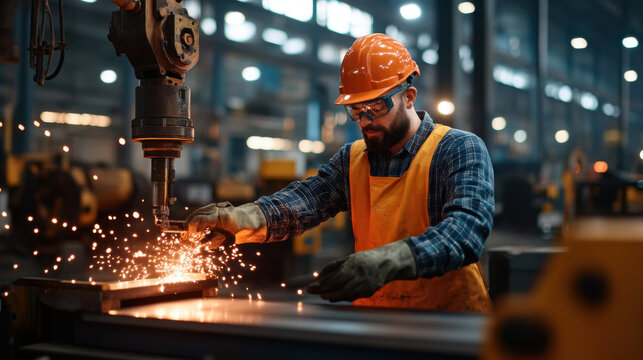 A factory worker in safety gear operates heavy machinery, with bright sparks flying from the metal, showcasing industrial work and safety.