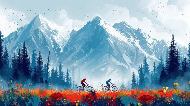 Flat illustration of people riding bicycles, with a mountain background featuring trees and flowers, in a vector flat style. The illustrations have a simple, minimalistic design with a light green col