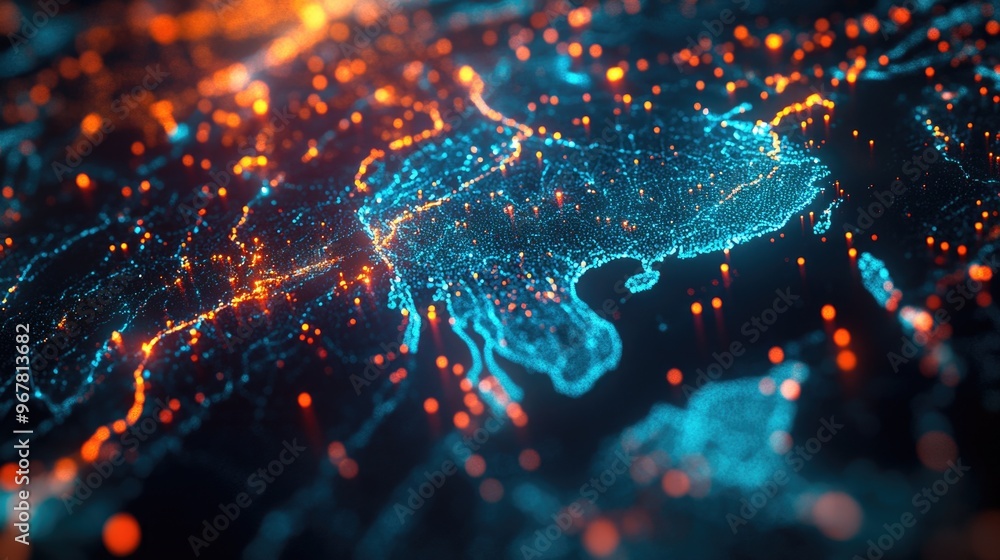 Poster a close-up image showing a glowing blue and red electrical circuit with the map of europe overlayed 