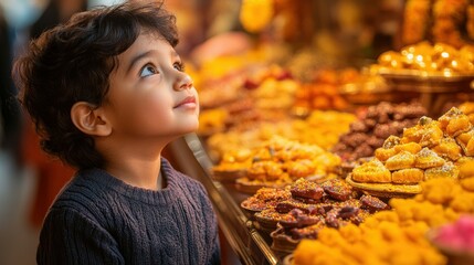 Curious Asian child gazing in wonder at a display of Diwali sweets and confections, on a rich, ochre backdrop