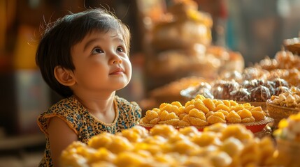 Curious Asian child gazing in wonder at a display of Diwali sweets and confections, on a rich, ochre backdrop