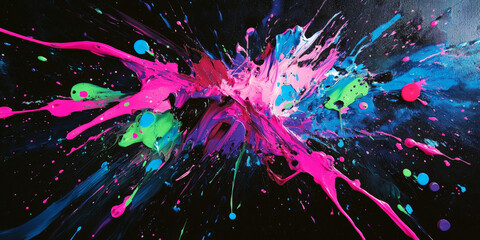 A high-energy explosion of neon paints in shades of pink, blue, and green, with a glossy finish and dynamic splatters that create a futuristic look.