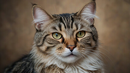 A tabby cat with a thoughtful expression, posed against a textured background, showcasing its expressive eyes and intricate fur patterns.