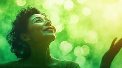 Inspiring Asian Community Leader Empowering Crowd with Passionate Gestures on Vibrant Emerald-Green Background