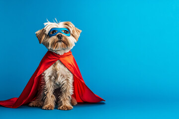 a small dog dressed as a superhero with a cape and mask, posing confidently against a vivid blue background, looking like a tiny hero