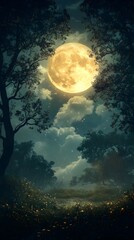 Fototapeta premium Luminous Moonlight Glade Ethereal Forest Dreamscape in Impressionistic Style