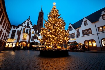 Fototapeta premium A holiday postcard from a European city square, with a beautifully lit Christmas tree, historic architecture, and holiday markets