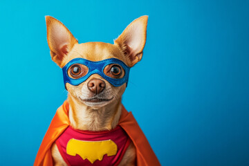 a small dog dressed as a superhero with a cape and mask, posing confidently against a vivid blue background, looking like a tiny hero