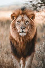 Obraz premium Male lion with mane on grassy field. African safari wildlife.
