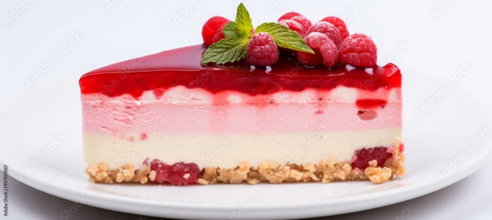 Poster delicious raspberry cheesecake slice with a glossy red topping and mint garnish