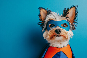 a small dog dressed as a superhero with a cape and mask, posing confidently against a vivid blue background, looking like a tiny hero