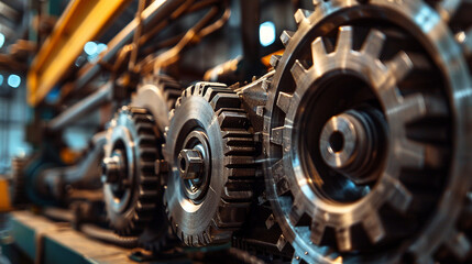 A close shot of gears in a machine clicking into place, with one newly added gear making the system work, symbolizing a mechanical breakthrough.