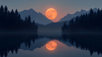 Serene Harvest Moon Reflected in Tranquil Lake Surrounded by Towering Mountains and Evergreen Forests