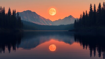 Harvest Moon Reflected in a Serene Mirror Like Lake with Majestic Mountain Silhouettes