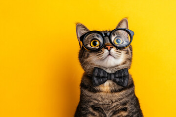 a fluffy cat wearing oversized round glasses and a bow tie, standing against a bright yellow background, with a curious and playful expression