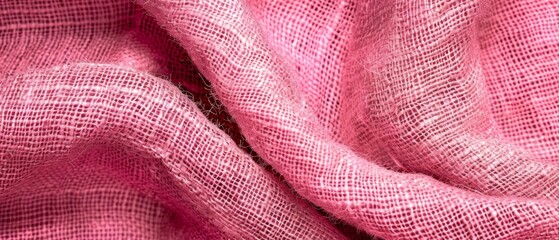 Fototapeta premium Macro shot of rippled pink fabric, with a focus on the intricate texture and soft waves creating a calming pattern. Burlap fabric texture - background