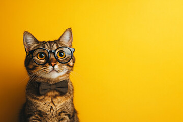 a fluffy cat wearing oversized round glasses and a bow tie, standing against a bright yellow background, with a curious and playful expression