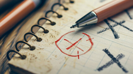 A close-up of a notebook page filled with crossed-out ideas, with one finally circled in red, symbolizing a creative breakthrough.