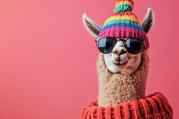 A high-resolution, realistic stock photograph of a llama wearing a colorful rainbow hat and oversized sunglasses, set against a pastel pink background, with a sassy and comical pose