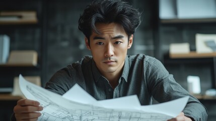 Focused Asian engineer reviewing architectural plans, their expression pensive on a minimalist, slate-gray backdrop