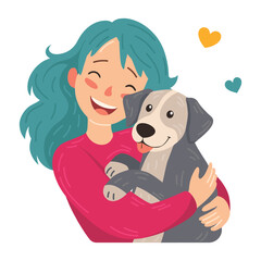 Cartoon vector illustration of woman hugs her dog with love, the concept of the relationship between people and their pets, adopt, shelter. A happy woman hugs her dog