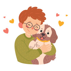 Boy hug dog. Young man hugging puppy with love. Kid and dog vector illustration, children puppy friend, pup animal owner happy child cartoon vector illustration