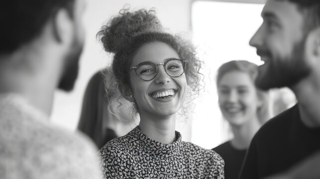 Woman laughing with colleagues. Business team gathered for discussion.