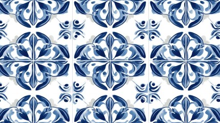 A seamless tile pattern with Mediterranean-style designs in blue and white, perfect for home decor and product backgrounds