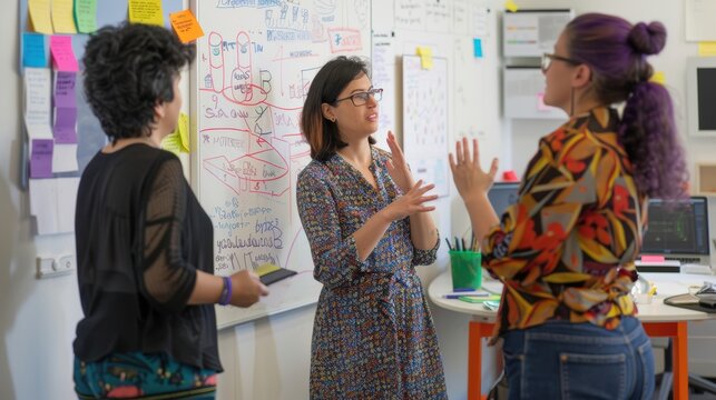 Three women are standing in front of a whiteboard with a lot of writing on it