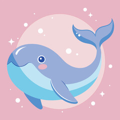 Cute little blue whale, bright smile, pastel color, light pink color background with bubbles.