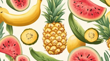 A seamless tropical fruit pattern featuring pineapples, bananas, and watermelons, perfect for vibrant, summer-themed backgrounds