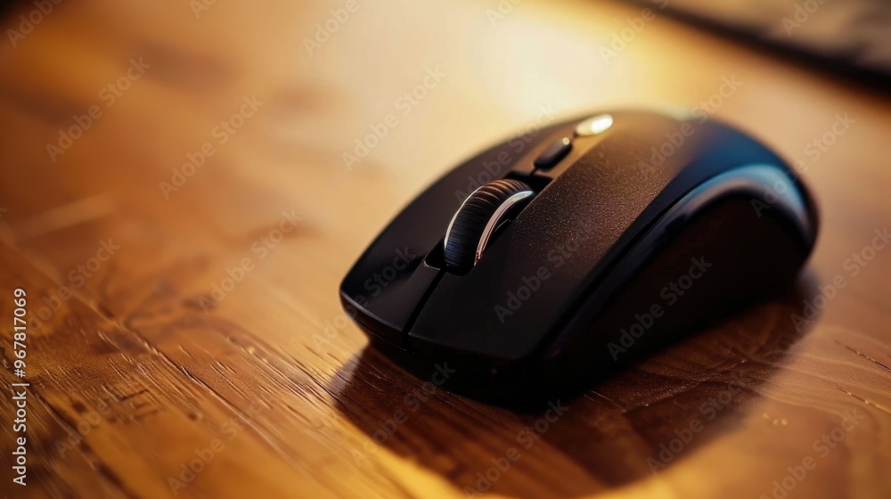 Poster a sleek, black computer mouse on a wooden table with a visible scroll wheel and buttons for precise 