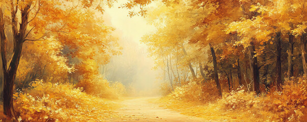 A peaceful autumn landscape with a pathway covered in golden leaves, set against a backdrop of trees in warm hues, creating a serene, inviting atmosphere.