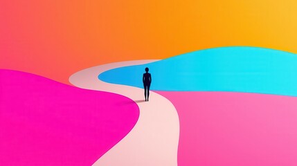 A person standing at the crossroads of two fluctuating financial paths, choosing between growth and risk, Digital Illustration, Bright colors