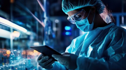 Researcher in a sterile lab using a digital tablet to control bioengineered cell cultures